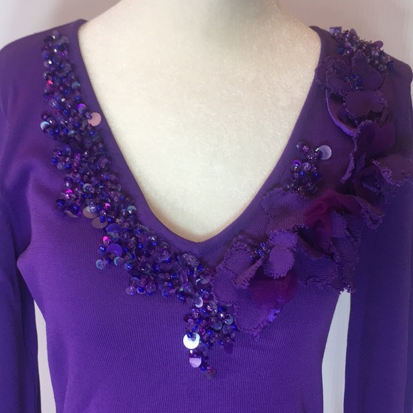 Purple sweater . Sz S . Beaded/sequins Vneck - Picture 3 of 16